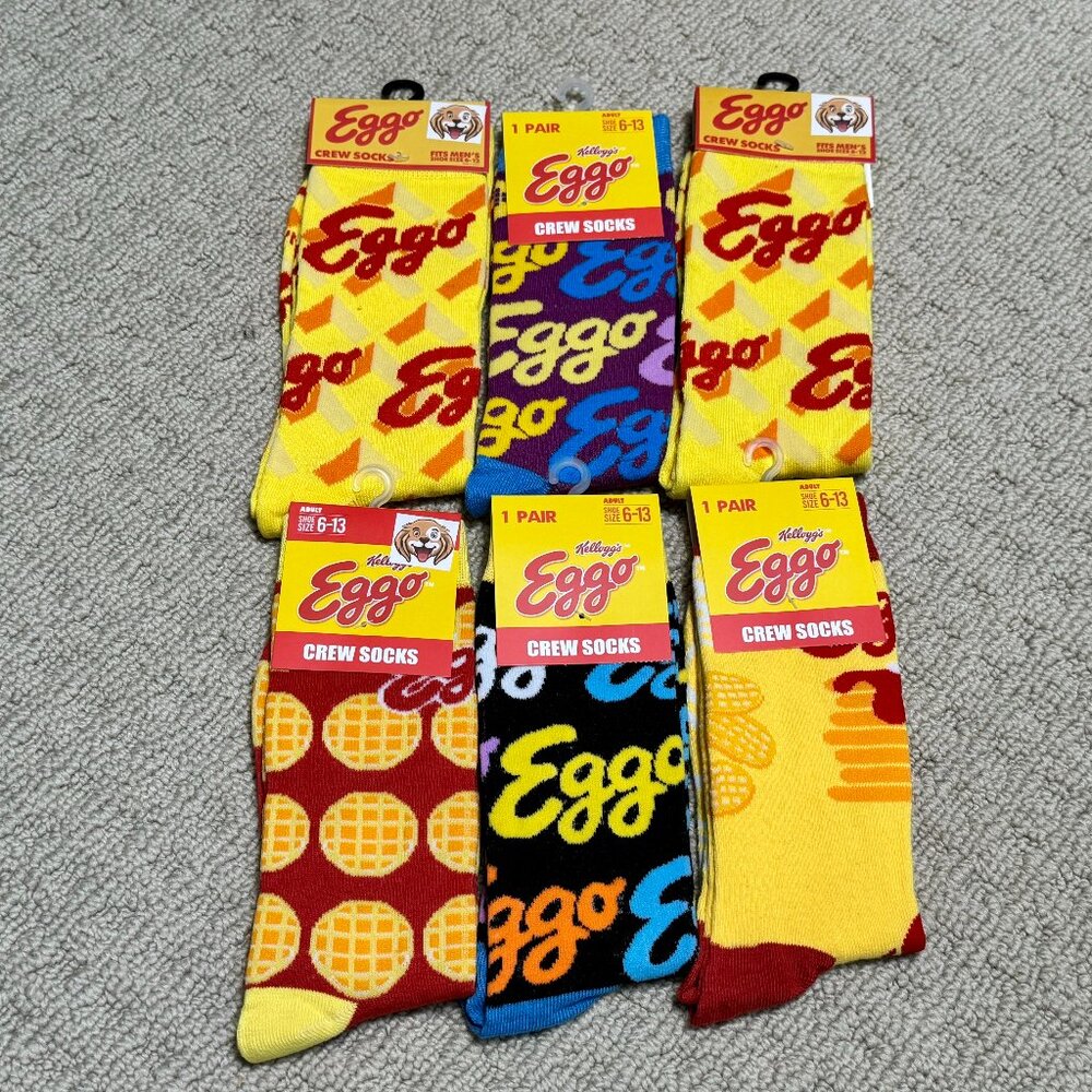 6 Kellogg's Eggo New Novelty Crew Socks Size 6-12/13 - Men's/Women's -